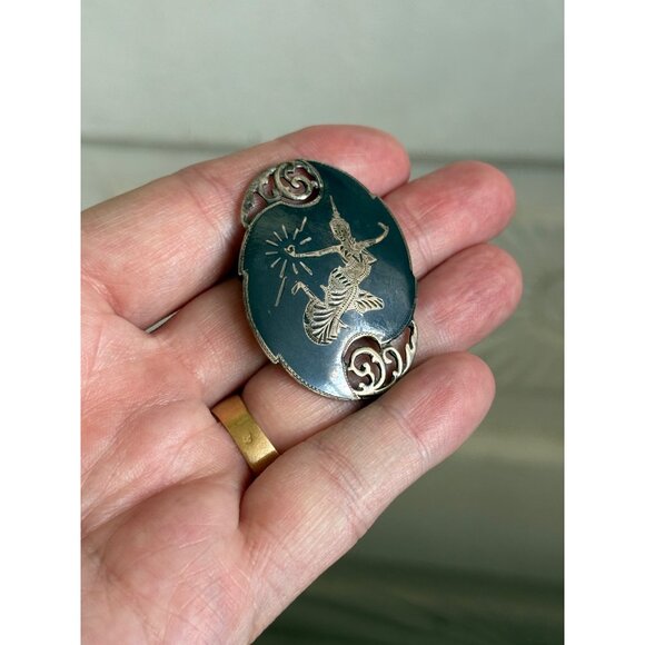 Vintage 40's Siam Sterling Silver Brooch Nielloware Goddess Dancer - Picture 6 of 8